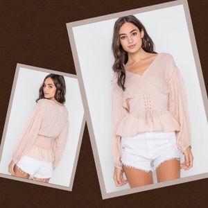 Blush Pink Lace Up Surplice Top Long Sleeve - L